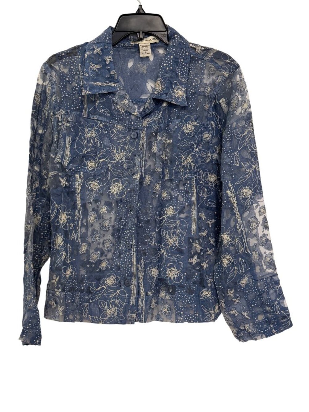 Bamboo Traders Womens Sheer Button-Down Floral Print Shirt Blue Size M